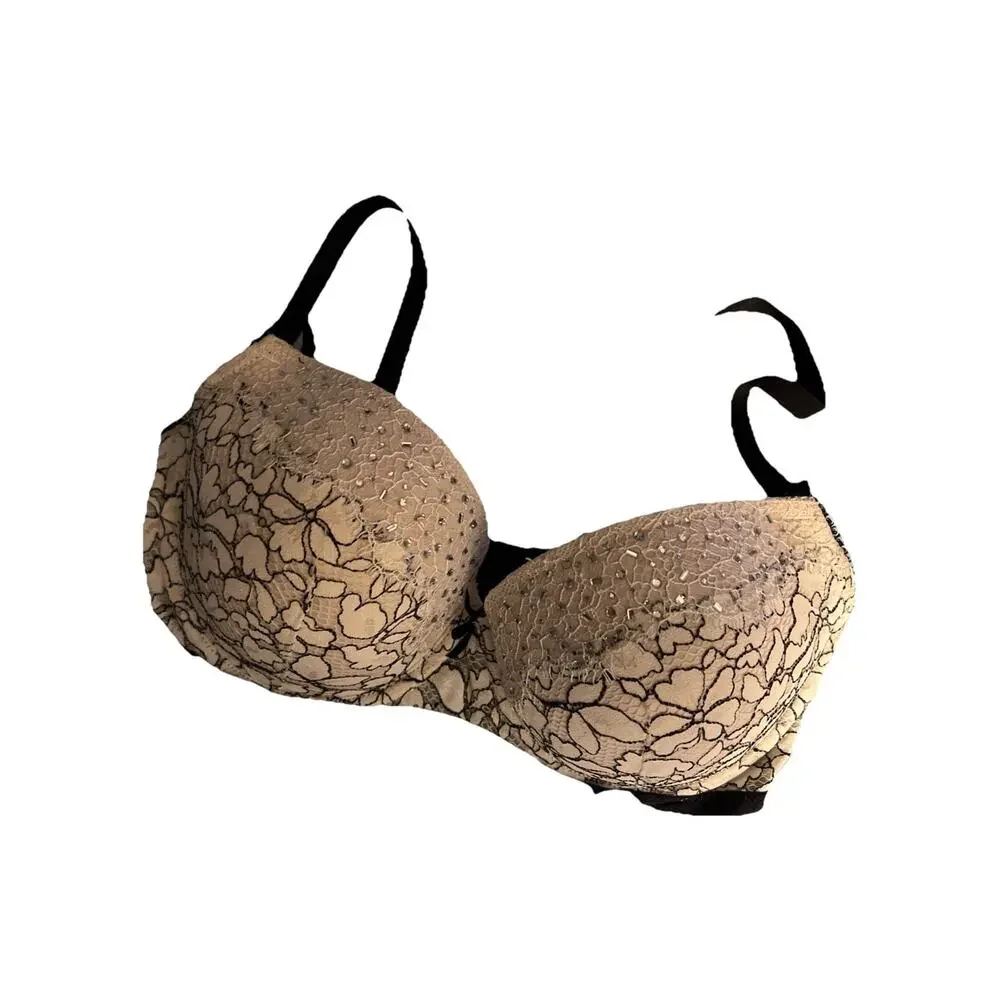 Victoria’s Secret Dream Angels Bra 32DD Lined Demi Black Ivory Bling